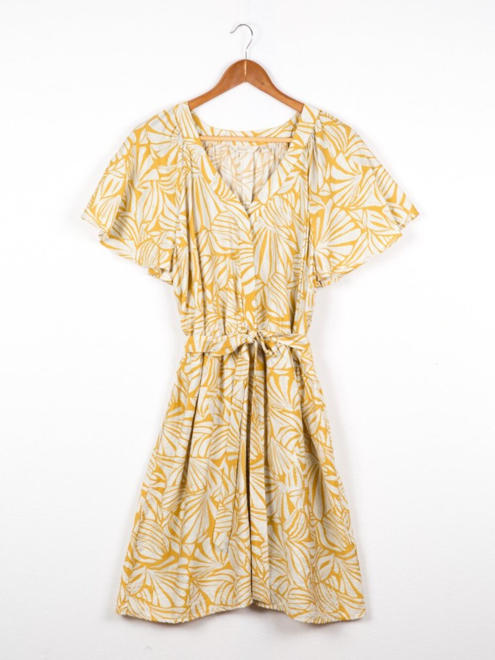 Max Weekenders Yellow Patterned V-Neck Viscose Belted Summer Casual Mini Dress L